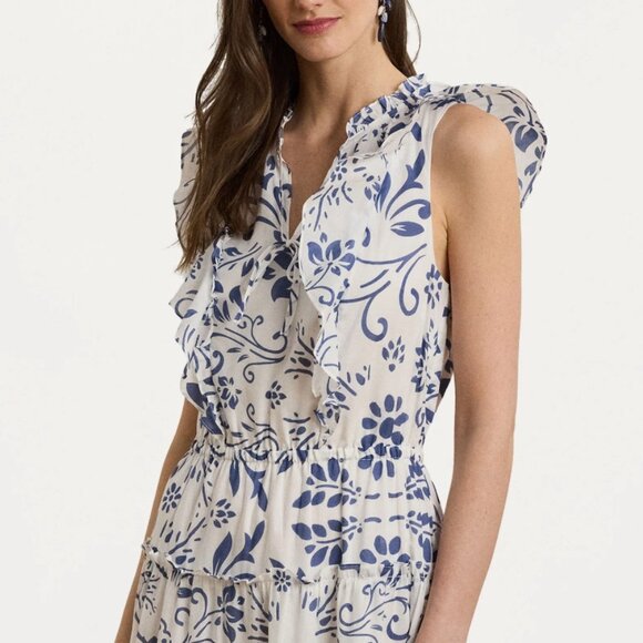 NWT Lauren Ralph Lauren Floral Cotton Voile Tiered Maxi Dress, blue & white sz 2 - Picture 5 of 8